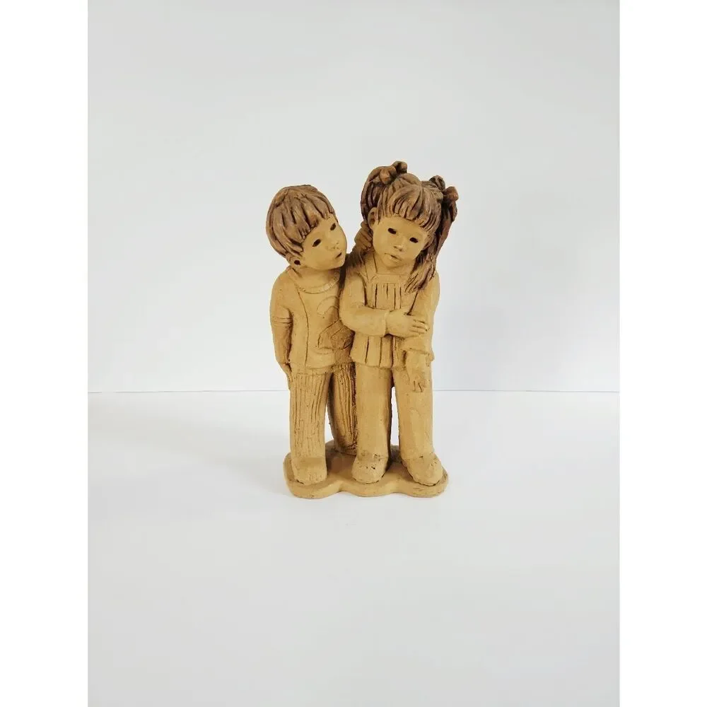 Vintage '70s Lee Bortin Studio Art Boy & Girl Clay Statue Figurine Sculpture